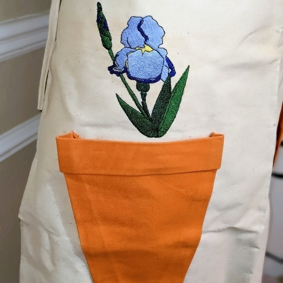 Iris Embroidered in Terracotta Pot Pockets Gardening Apron OOAK - Picture 1 of 5